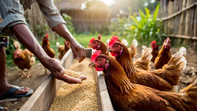 Cara Mengatur Pakan Ayam Rumahan (Foto: Reve Art AI)