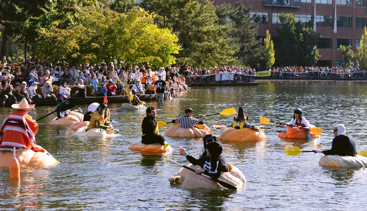 Peserta menaiki labu raksasa berkumpul di garis start selama  event West Coast Giant Pumpkin Regatta di Tualatin, Oregon, Amerika Serikat pada 16 Oktober 2022. Dalam perlombaan ini, para peserta akan dituntut untuk mendayung sepanjang 100 yard atau 91 meter. (Photo by Wesley Lapointe / AFP)