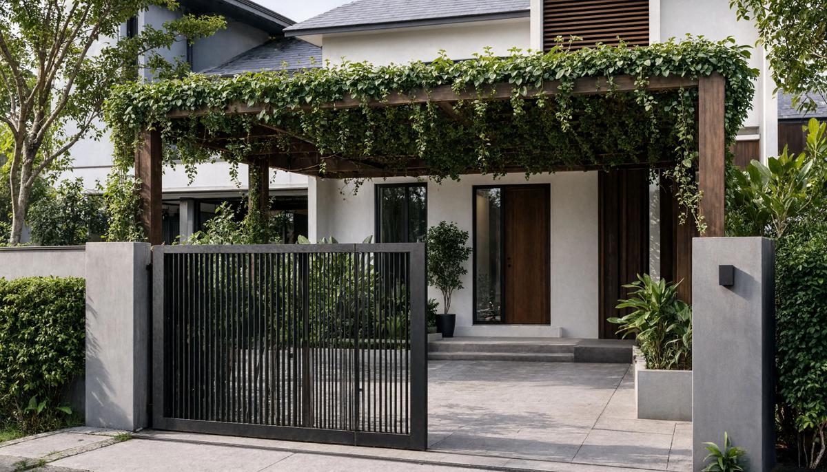 Gerbang Minimalis dengan Pergola Kayu Warna Gelap