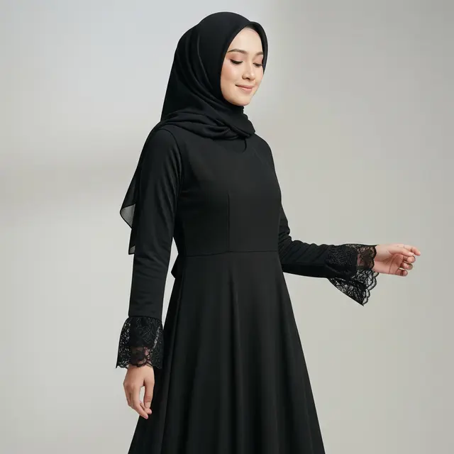 Gamis A-Line Hitam dengan Aksen Renda Manset