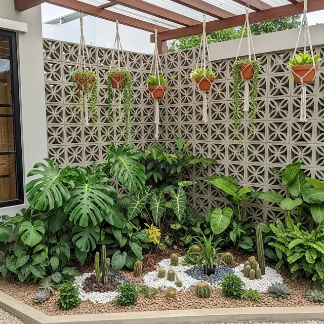Inspirasi Taman Kering Depan Rumah dengan Kombinasi Roster dan Tanaman Tropis (Image by Gemini AI)