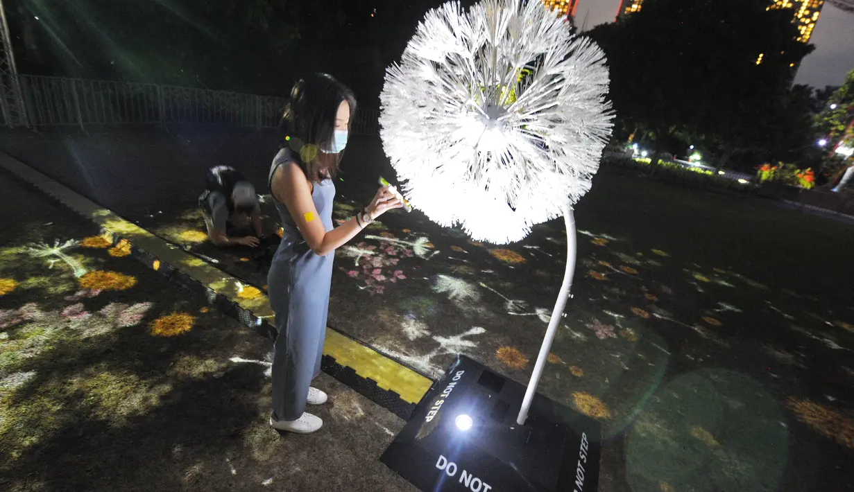 Pengunjung berinteraksi dengan instalasi multimedia "Dandelion" di Gardens by the Bay, Singapura, 9 November 2020. Instalasi interaktif tersebut memungkinkan orang-orang di Singapura dan Jepang berinteraksi satu sama lain melalui serabut-serabut halus bunga dandelion virtual. (Xinhua/Then Chih Wey)