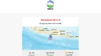 Gempa terkini di awal pekan, Senin (26/8/2024) membuat wilayah Gunungkidul, Provinsi Daerah Istimewa Yogyakarta (DIY) bergetar dengan kekuatan magnitudo 5,8. (www.bmkg.go.id)