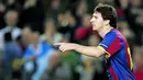 Selebrasi dari Lionel Messi yang memborong gol ketika Barcelona menundukkan FC Copenhagen 2-0 di Nou Camp dalam lanjutan penyisihan grup Liga Champions, 20 Oktober 2010. AFP PHOTO/JOSEP LAGO