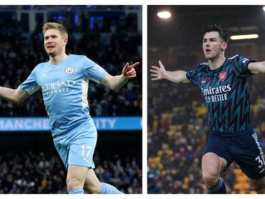 Manchester City dan Arsenal sama-sama meraih kemenangan besar di laga yang bertajuk Boxing Day di Liga Inggris 2021/22. The Cityzens berhasil menang 6-3 dari Leicester City sedangkan The Gunners sukses mencetak lima gol tanpa balas ke gawang Norwich City. (Foto kolase: AP)