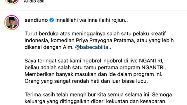 Unggahan Sandiaga Uno tentang Babe Cabita. (Foto: Dok. Instagram @sandiuno)