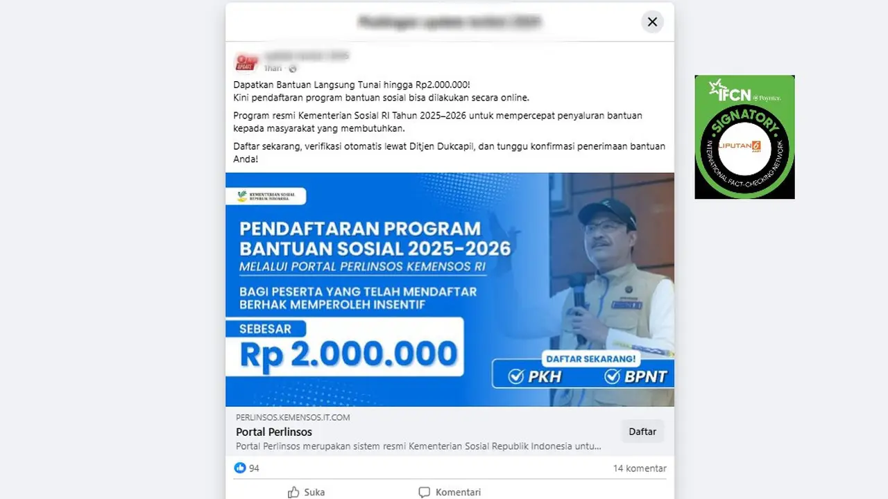 Tangkapan layar postingan klaim link pendaftaran bansos melalui portal Perlinsos Kemensos yang beredar di Facebook.