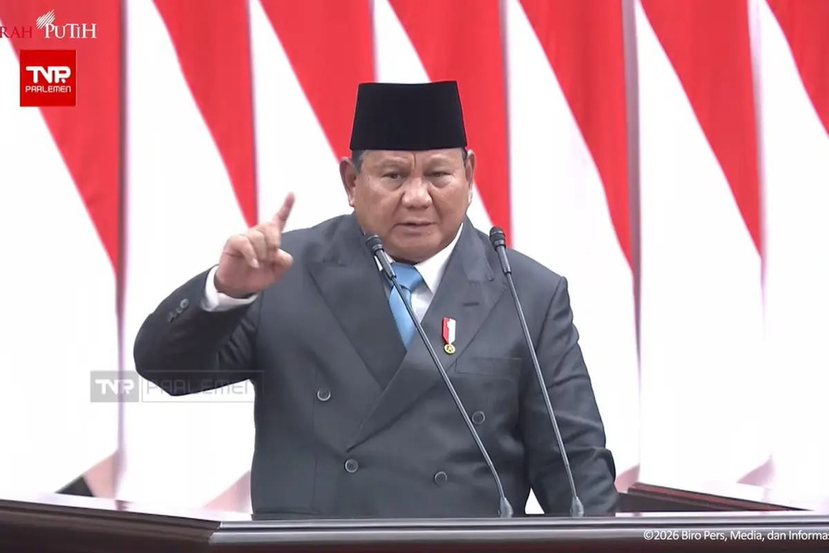 Presiden Prabowo Subianto dalam pidato perdana pada Rapat Paripurna DPR ke-19 Masa Persidangan V Tahun Sidang 2025-2026 di Gedung Nusantara MPR/DPR/DPD, Jakarta, Rabu (20/5/2026).