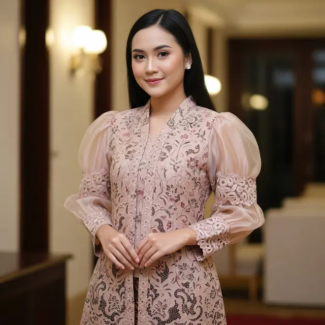 Tunik Batik Lengan Puff Warna Nude Detail Renda Brokat