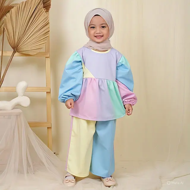 Contoh gamis untuk anak-anak model warna kombinasi lengan balon/Gambar Meta AI