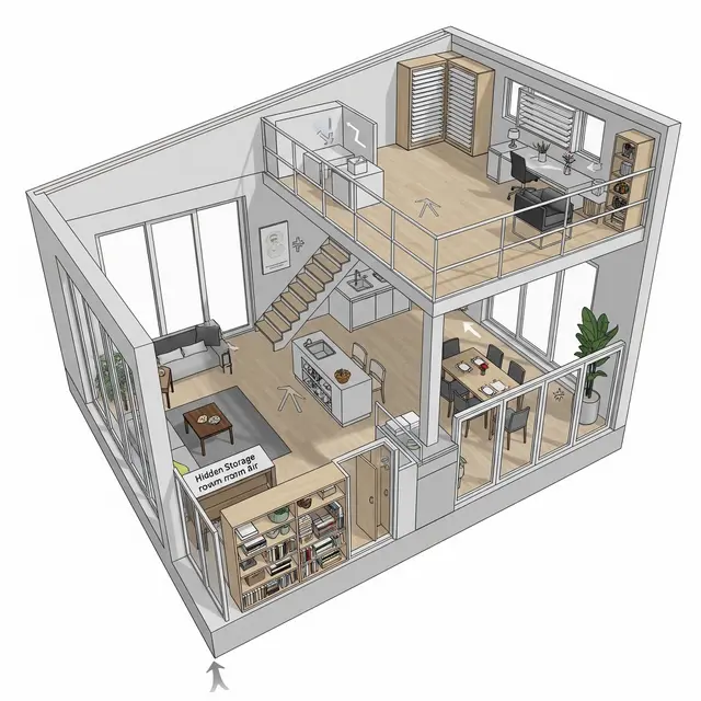 Denah Rumah 7x10 dengan Mezzanine dan Gudang Rahasia (Image by Gemini AI)