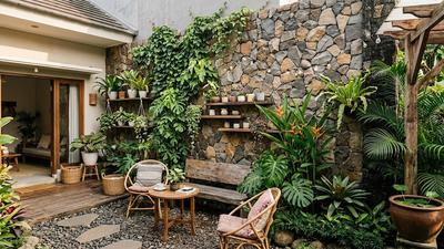 7 Model Dinding Belakang Rumah dengan Kombinasi Batu Alam dan Tanaman