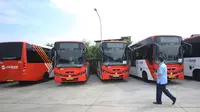 Deretan armada bus Minitrans yang terparkir di kantor TransJakarta, Cawang, Jakarta, Selasa (17/10). Minitrans ini sebagai angkutan umum pengumpan atau feeder, sedangkan Metrotrans, merupakan versi besar dari Minitrans. (Liputan6.com/Immanuel Antonius)