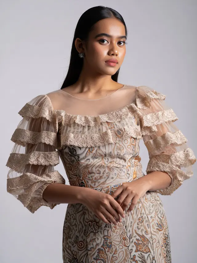 Batik Lengan Balon dengan Renda Transparan untuk Pesta