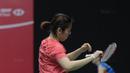 Ekspresi pebulutangkis China, Jia Yifan saat gagal mengembalikan kok saat melawan Della Haris dan Rizki Amelia pada babak kedua Daihatsu Indonesia Master 2018 di Istora Senayan, Kamis (25/1/2018).