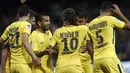 Para pemain PSG merayakan gol yang dicetak Neymar saat melawan  Guingamp pada laga Ligue 1 Prancis di the Roudourou stadium, Guingamp, (13/8/2017). PSG menang 3-0. (AP/Kamil Zihnioglu)