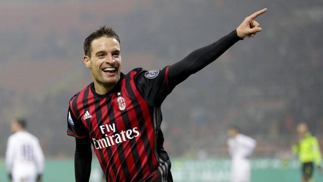 Selebrasi Gelandang AC Milan Giacomo Bonaventura usai mencetak gol ke gawang Torino (AP Photo/Antonio Calanni)
