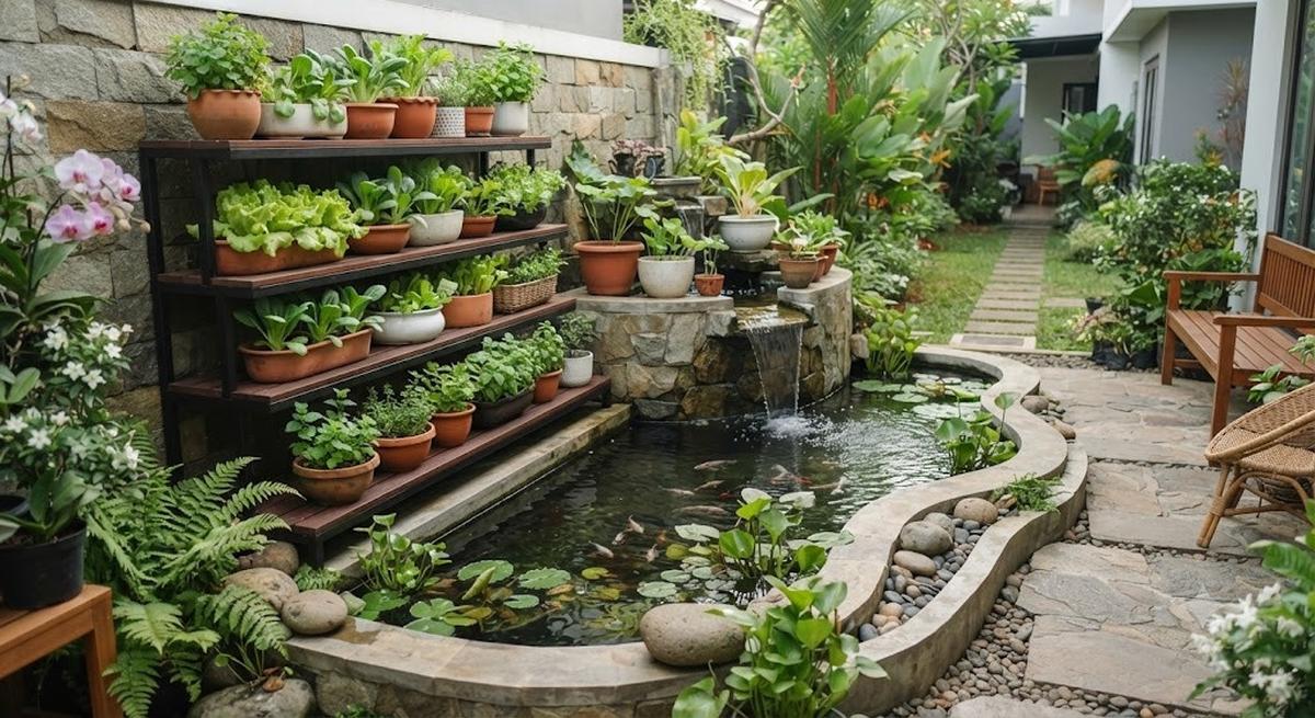 Kolam Bertingkat dengan Rak Tanaman (AI Generated)