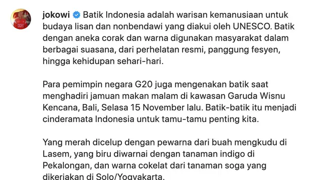 Unggahan Presiden Jokowi soal batik yang dipakai para tamu KTT G20. (Foto: Dok. Instagram terverifikasi @jokowi)