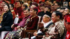 Presiden Joko Widodo (tengah) dan Wakil Presiden Jusuf Kalla saat menghadiri Kongres V PDIP di Bali, Kamis (8/8/2019). Acara ini juga dihadiri oleh Ketua Umum PDIP Megawati Soekarnoputri, Ketua Umum Partai Gerindra Prabowo Subianto, dan wakil presiden terpilih Ma'ruf Amin. (Liputan6.com/JohanTallo)