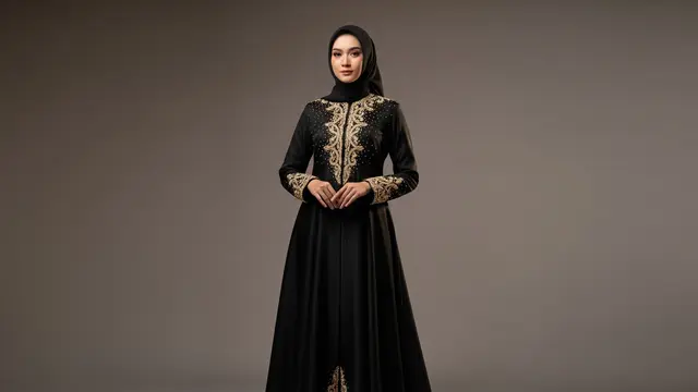 Busana Lebaran Hitam dengan Aksen Emas