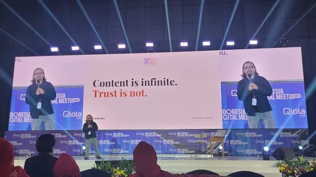 CEO KLY Media Dian Gemiano dalam Indonesia Digital Meetup 2026 di Convention Hall, SMESCO Indonesia, Jakarta, Kamis (15/10/2026). (Liputan6.com/Drey)