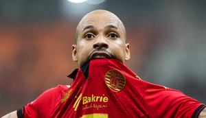 Pemain Persija Jakarta, Gustavo Almeida, melakukan selebrasi setelah mencetak gol ke gawang Bali United pada laga BRI Liga 1 di Stadion Jakarta International Stadium (JIS), Jakarta, Sabtu (10/5/2025) malam WIB. (Bola.com/Abdul Aziz)