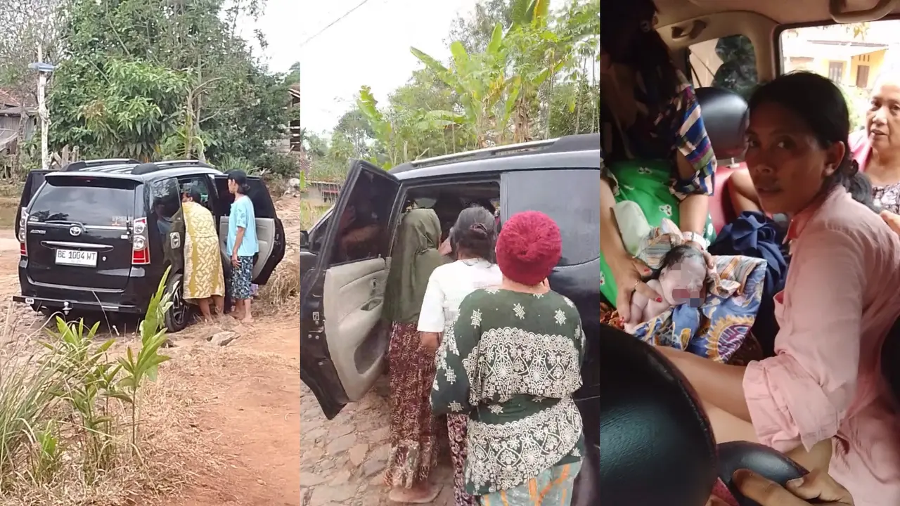 Tangkapan layar video viral ibu hamil melahirkan di dalam minibus karena akses jalan rusak di Way Kanan, Lampung. (Liputan6.com/Istimewa).