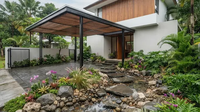 Carport dengan Rain Garden Beraksen Batu Alam