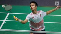 Pebulutangkis Indonesia, Anthony Ginting, saat melawan wakil China Taipei, Chou Tien-chen, pada laga Asian Games di Istora, Jakarta, Senin (27/8/2018). Anthony Ginting kalah 21-16, 21-23, dan 17-21. (Bola.com/Vitalis Yogi Trisna)