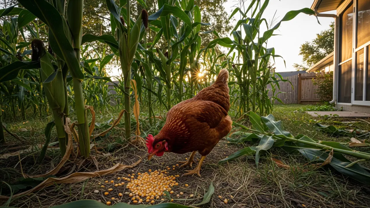 Kombinasi Ayam Kampung dan Pohon Jagung di Halaman