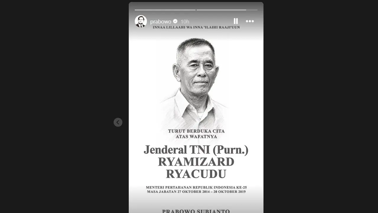Unggahan ucapan duka cita Presiden Prabowo Subianto atas wafatnya mantan Menteri Pertahanan Jenderal TNI (Purnawirawan) Ryamizard Ryacudu.