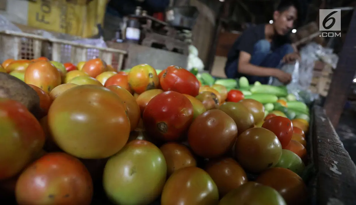 Tomat terlihat di pasar di Jakarta, Rabu (20/12).  Jelang Natal dan Tahun Baru, harga bahan pokok di Jakarta mulai merangkak naik. Namun, kenaikannya masih belum tinggi hanya berkisar Rp2.000-5.000 per kg. (Liputan6.com/Angga Yuniar)