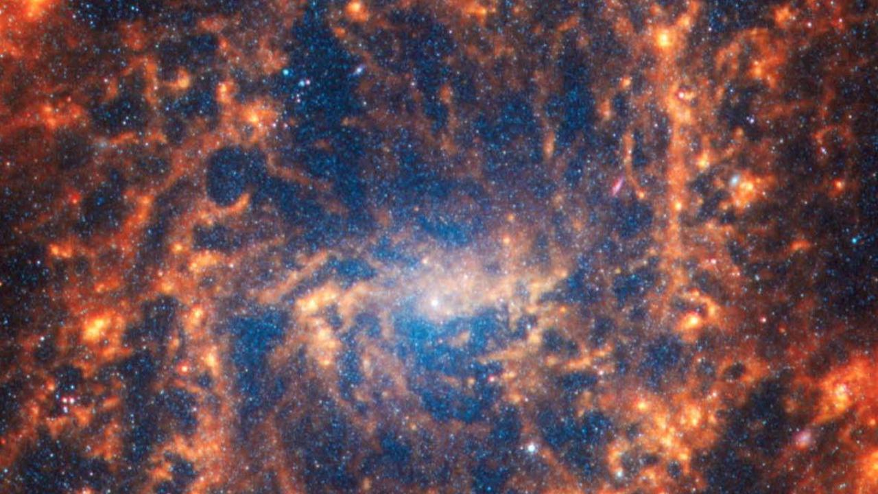 Galaksi spiral SS NGC 2835, yang terletak 35 juta tahun cahaya dari Bumi, terlihat dalam gambar tak bertanggal&nbsp;yang ditangkap Teleskop Luar Angkasa James Webb.&nbsp;Foto: PHANGS team/Handout via REUTERS