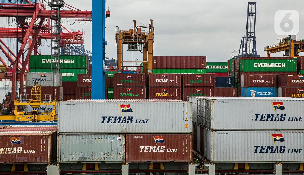 Suasana aktivitas bongkar muat peti kemas di Pelabuhan Tanjung Priok, Jakarta Utara, Kamis (21/1/2021). BI 7-day Reverse Repo Rate konsisten dengan perkiraan inflasi tetap rendah dan stabilitas eksternal terjaga sebagai upaya bersama mendukung pemulihan ekonomi nasional. (Liputan6.com/Faizal Fanani)
