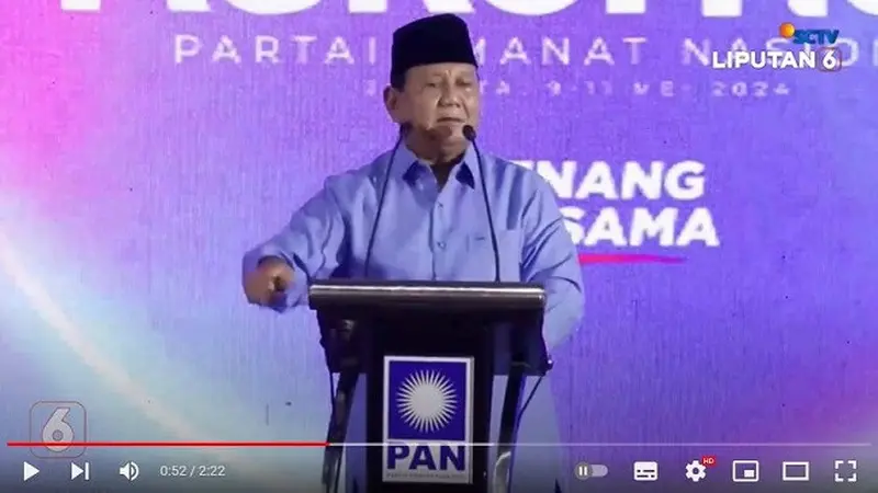 Presiden terpilih Pemilu 2024, Prabowo Subianto saat menghadiri acara bimtek dan rakornas pilkada PAN di Hotel JS Luwansa, Jakarta Selatan. (YouTube Liputan6)