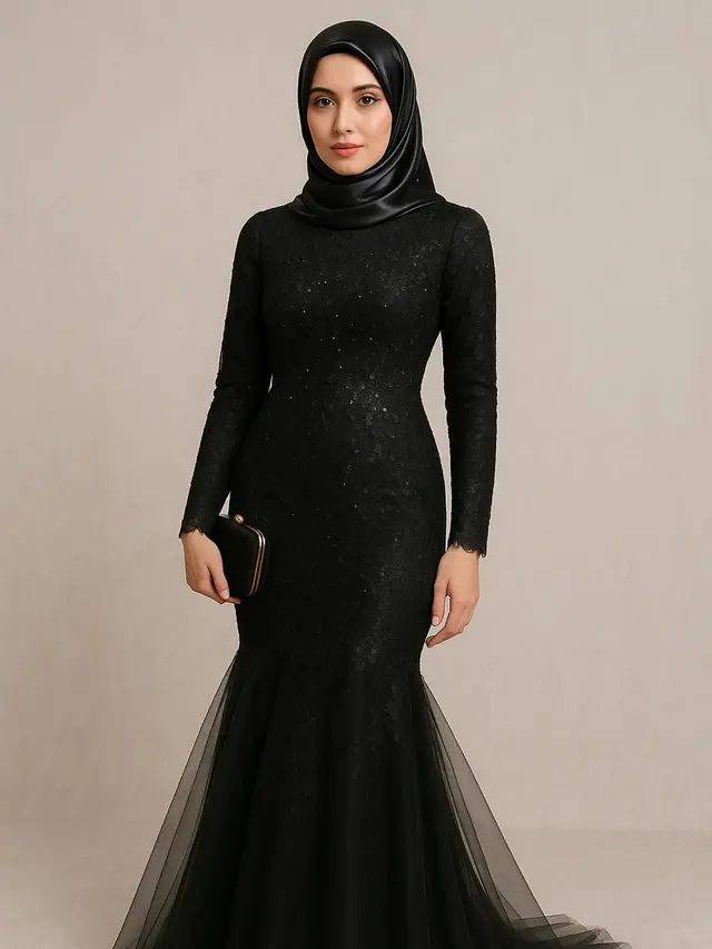 Gamis Brokat Hitam Berlapis Tile