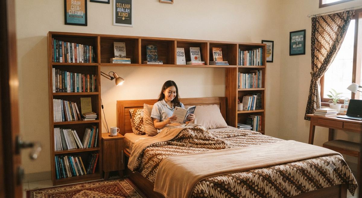 Rak Buku Mengelilingi Kepala Tempat Tidur untuk Kepribadian yang Gemar Belajar Sebelum Tidur