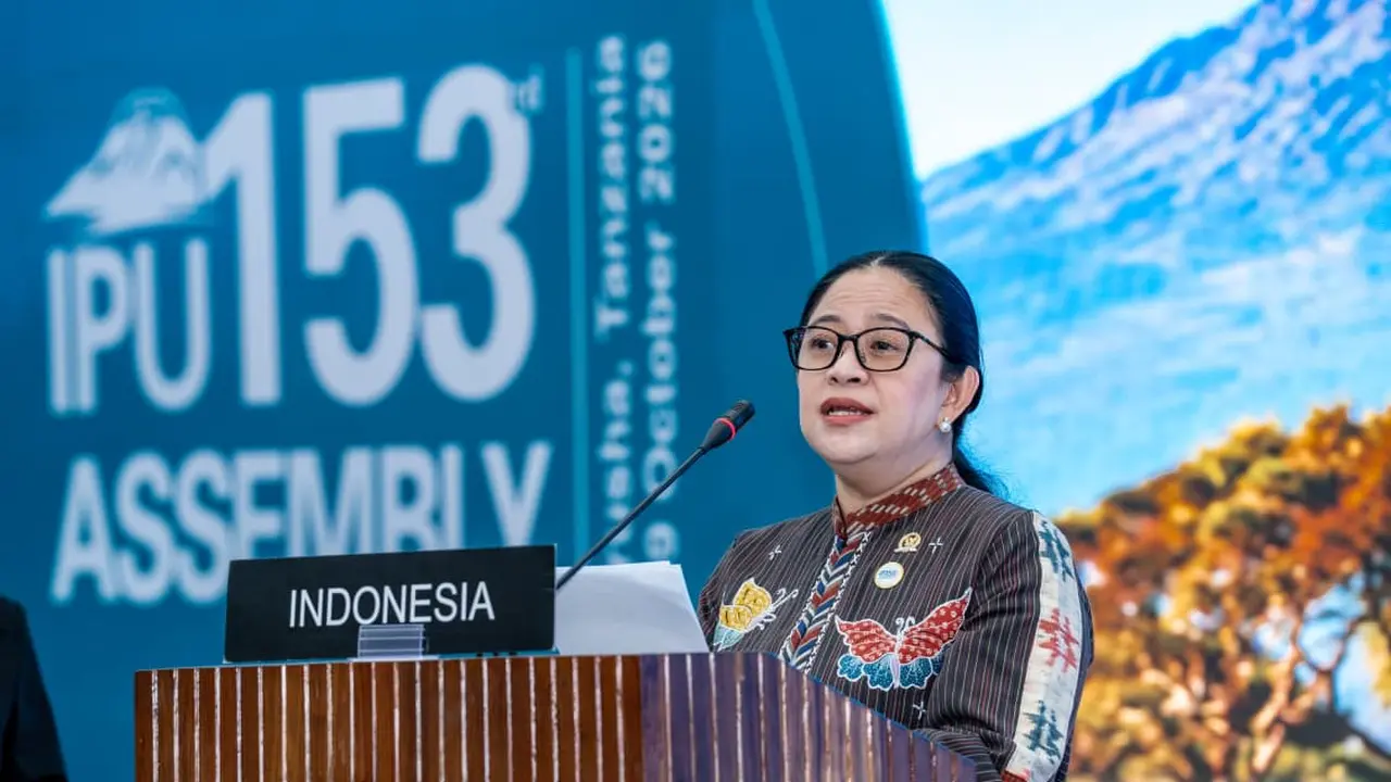 Ketua Dewan Perwakilan Rakyat (DPR) Puan Maharani saat berbicara di Sidang Umum Inter-Parliamentary Union (IPU) ke-153 di Arusha International Conference Centre, Tanzania, Kamis (8/10/2026).