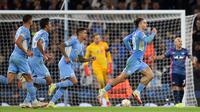 Manchester City menumbangkan RB Leipzig 6-3 dalam matchday pertama fase grup A Liga Champions di Etihad Stadium, Kamis (16/9/2021). (AFP/Oli Scraf)