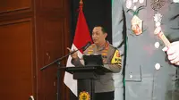 Kapolri Jenderal Listyo Sigit Prabowo saat memberi sambutan di acara Nota Kerja Sama Kementan-Polri di Auditorium Utama Kementan, Kamis (25/4)/Istimewa.