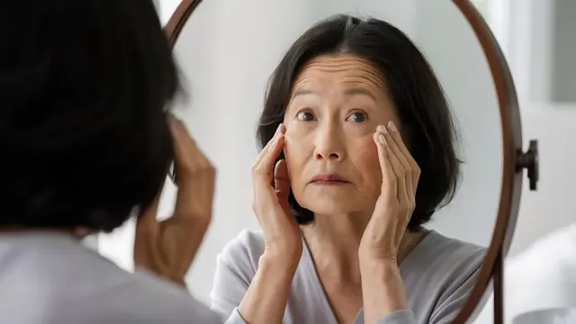 Seorang perempuan setengah baya sedang bercermin sambil memegang kulit wajahnya (Foto Dok: Freepik/Flowo)
