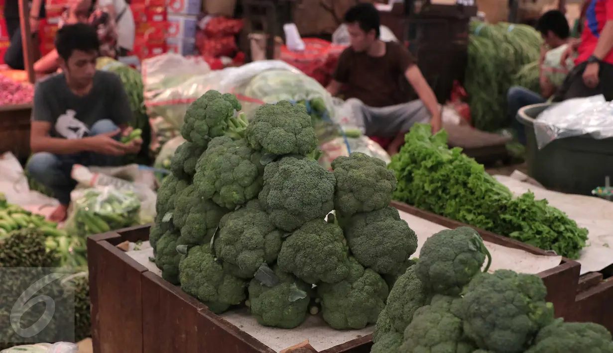 Brokoli yang didagangkan pedagang di Pasar Induk Kramat Jati, Jakarta, Selasa (22/12). Jelang Natal dan tahun baru, harga sayur mayur dan beberapa kebutuhan pokok lainnya di beberapa pasar tradisional di Jakarta merangkak naik. (Liputan6.com/Angga Yuniar)