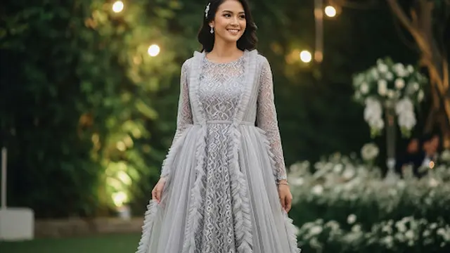 Long Dress Brokat Abu-Abu dengan Outer Ruffle Tulle yang Feminin