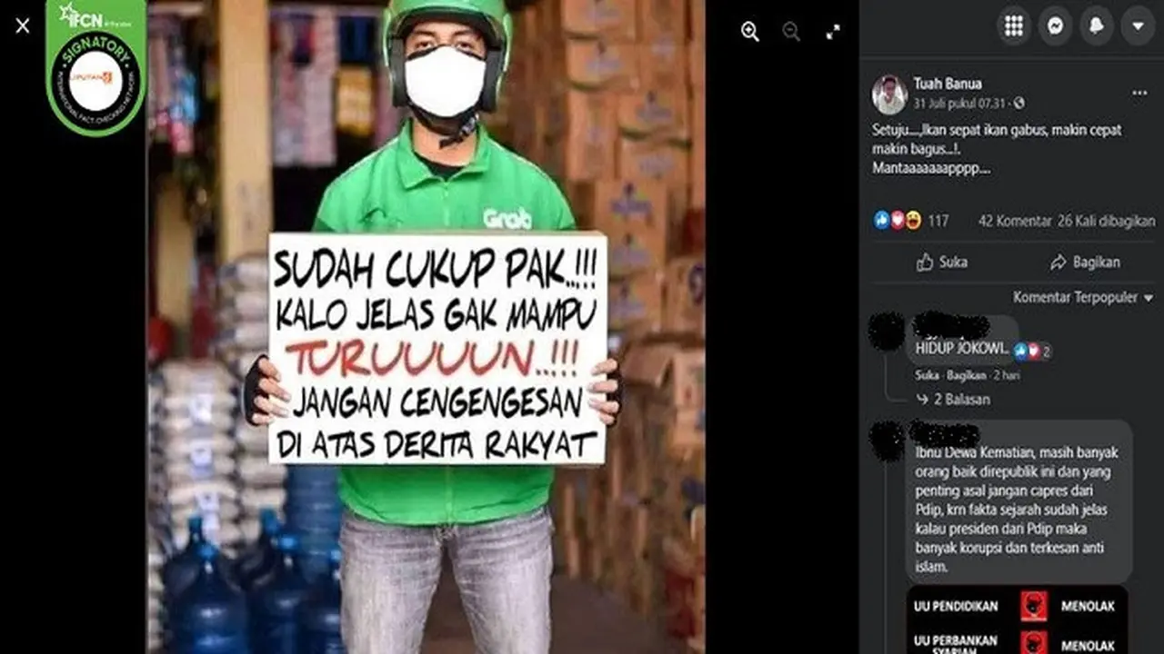 Gambar Tangkapan Layar Foto yang Diklaim Pengemudi Ojol Minta Jokowi Turun dari Kursi Presiden (sumber: Facebook).