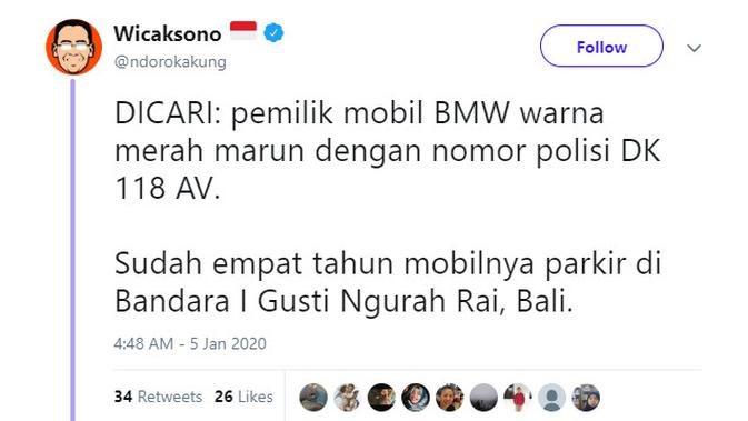 Beberapa media sosial baru-baru dihebohkan dengan pengumuman pencarian pemilik mobil BMW yang memarkirkan kendaraannya selama 4 tahun, salah satunya akun Twitter @ndorokakung.