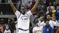 Forward Golden State Warriors Draymond Green meratayakan kemenangan atas Atlanta Hawks pada lanjutan NBA di Philips Arena, Jumat (2/3/2018) atau Sabtu (3/3/2018) WIB. (AP Photo/John Amis)
