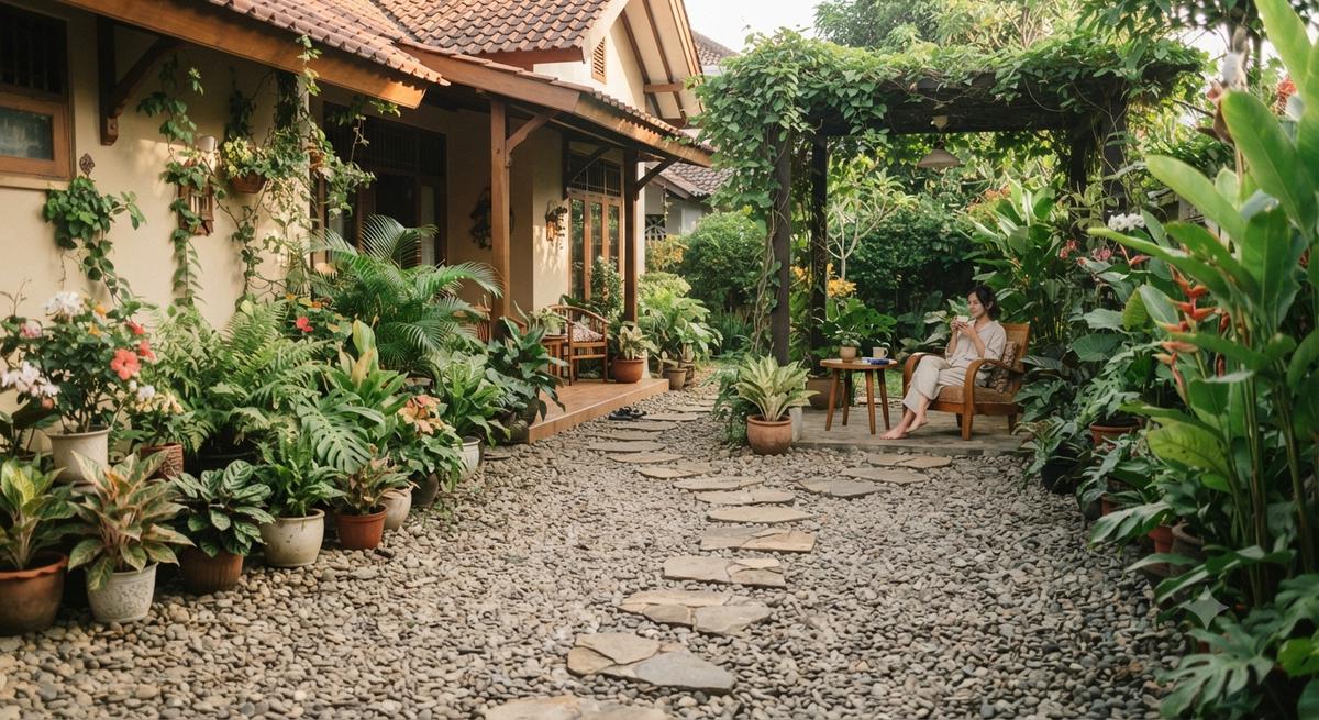 Ide taman yang tetap cantik meski tanpa rumput dan cocok untuk pemilik introvert model halaman berlapis kerikil dengan jalur jalan kaki