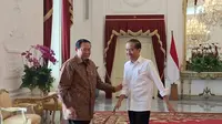 Presiden ke-6 RI Susilo Bambang Yudhoyono (SBY) bertemu Presiden Joko Widodo (Jokowi) di Istana Merdeka, Jakarta, Sabtu (21/9/2024). Pertemuan dilakukan sebelum SBY menghadiri global council di New York, AS untuk membahas persoalan malaria. (Liputan6.com/Lizsa Egeham)