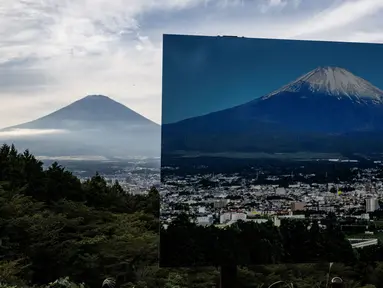 Sebuah penanda dengan foto Gunung Fuji dengan puncak yang tertutup salju terlihat di sebuah titik pandang berlatar belakang puncak Gunung Fuji yang tidak tertutup salju di Gotemba, prefektur Shizuoka, Jepang pada tanggal 31 Oktober 2024. (Yuichi YAMAZAKI/AFP)